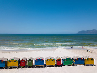 Image showing Colourful wooden beach huts at Muizenberg beach