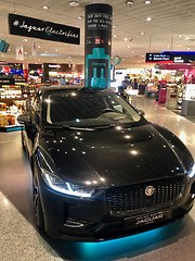 Image showing The new Jaguar I-Pace electric car on display for visitors of the duty free shops of Frankfurt Airport to win.