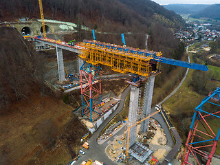 Image showing Aerial of a complex new railway bridge construction between two tunnels