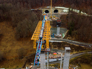 Image showing Aerial of a complex new railway bridge construction between two tunnels