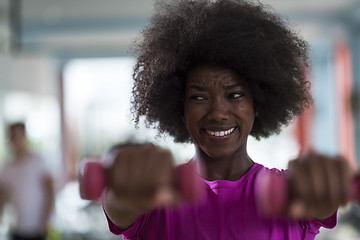 Image showing woman working out in a crossfit gym with dumbbells