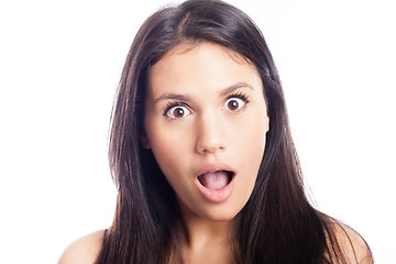 Image showing Close up portrait of pretty surprised woman  on white background