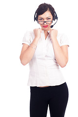 Image showing Beautiful young call-center assistant smiling , isolated on white