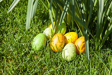 Image showing colored Easter eggs hidden in flowers and grass