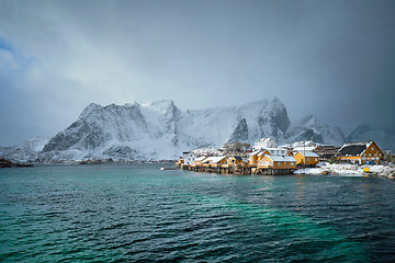 Image showing Yellow rorbu houses, Lofoten islands, Norway