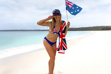 Image showing Happy female good vibes Austraia Day or Australian tourism trave