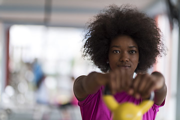 Image showing woman working out in a crossfit gym with dumbbells