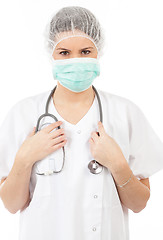 Image showing young woman doctor with stethoscope and mask