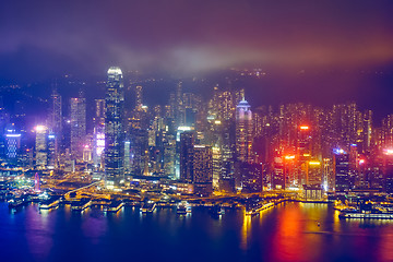 Image showing Aerial view of illuminated Hong Kong skyline. Hong Kong, China