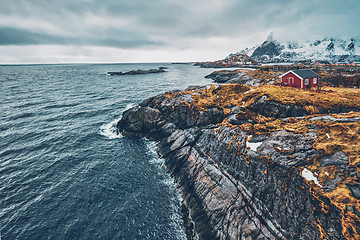 Image showing Clif with traditional red rorbu house on Lofoten Islands, Norway