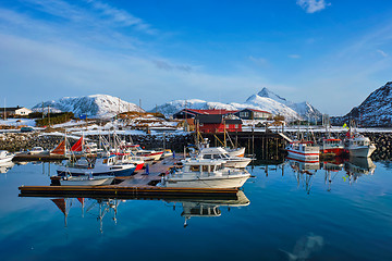 Image showing Fishing boats and yachts on pier in Norway