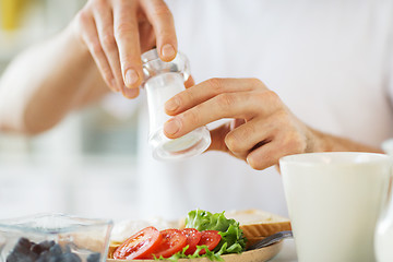 Image showing close up of male hands seasoning food by salt mill