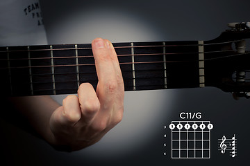 Image showing Guitar chord on a dark background. The C eleventh is a six-note chord. C11 tab fingering
