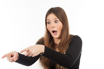 Image showing Beautiful young woman showing blank signboard