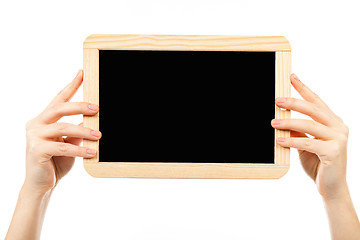 Image showing woman\'s hands holding a blackboard publicity