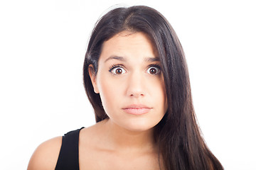 Image showing Close up portrait of pretty surprised woman  on white background