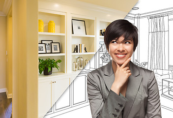 Image showing Young Woman Over Custom Built-in Shelves and Cabinets Design Dra