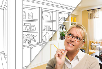 Image showing Young Woman Over Custom Built-in Shelves and Cabinets Design Dra