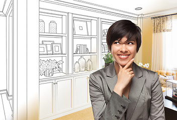 Image showing Young Woman Over Custom Built-in Shelves and Cabinets Design Dra