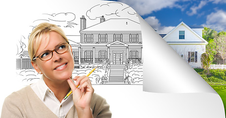 Image showing Woman Facing House Drawing Page Corner Flipping with Photo Behin