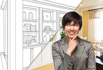 Image showing Young Woman Over Custom Built-in Shelves and Cabinets Design Dra