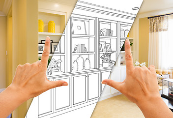 Image showing Hands Framing Custom Built-in Shelves and Cabinets Design Drawin