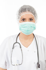Image showing young woman doctor with stethoscope and mask