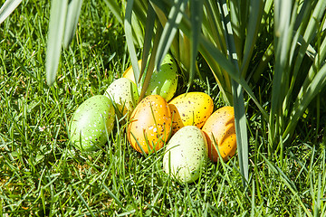 Image showing colored Easter eggs hidden in flowers and grass