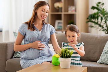 Image showing pregnant mother and daughter with home plant