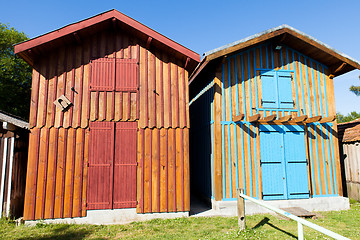 Image showing typique colored wooden houses in biganos port in the Bay of Arcachon