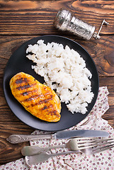 Image showing boiled rice with fried chicken breast