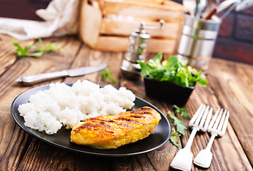 Image showing boiled rice with fried chicken breast