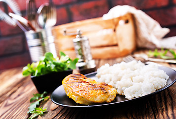 Image showing boiled rice with fried chicken breast