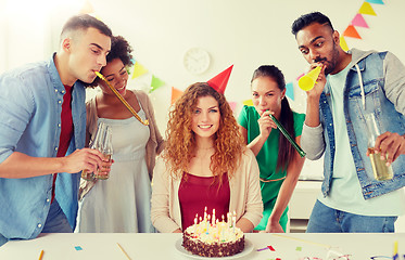 Image showing happy coworkers with cake at office birthday party