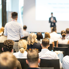 Image showing Business speaker giving a talk at business conference event.