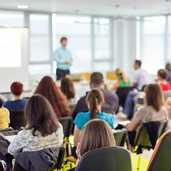 Image showing Speaker giving presentation on business conference.