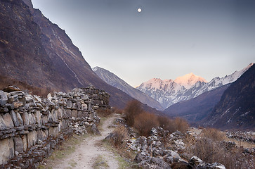 Image showing Langtang valley moonrise over mountain