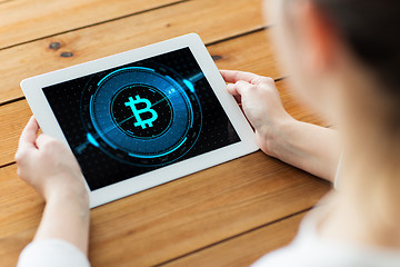 Image showing hands with bitcoin on tablet pc computer screen