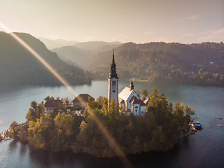 Image showing Aerial view of island of lake Bled, Slovenia.