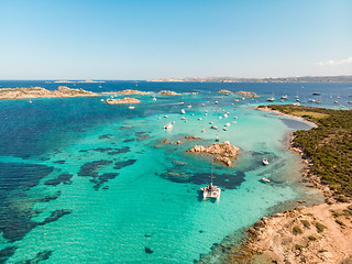 Image showing Drone aerial view of catamaran sailing boat in Maddalena Archipelago, Sardinia, Italy.