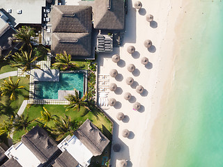 Image showing Aerial view of amazing tropical white sandy beach with palm leaves umbrellas and turquoise sea, Mauritius.