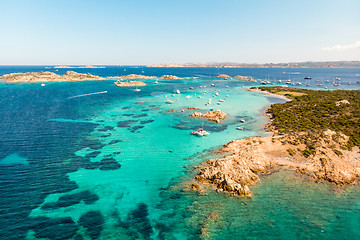 Image showing Drone aerial view of Razzoli, Santa Maria and Budelli islands in Maddalena Archipelago, Sardinia, Italy.