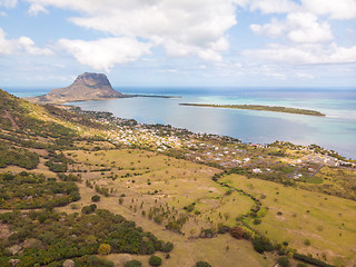 Image showing Aerial view of La Gaulette, popular kitesurfing tourist town with Le Morne Brabant mountain, the World Heritage UNESCO site seen in the back.