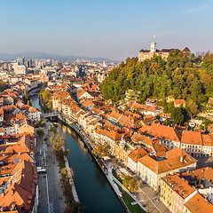Image showing Cityscape of Ljubljana, capital of Slovenia in warm afternoon sun.