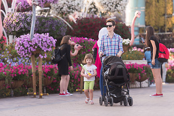 Image showing mother and daughter walking in flower garden