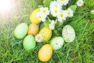 Image showing colored Easter eggs hidden in flowers and grass