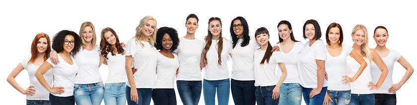 Image showing group of happy different women in white t-shirts