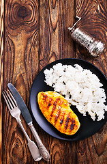 Image showing boiled rice with fried chicken breast