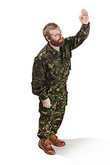 Image showing Young army soldier wearing camouflage uniform isolated on white