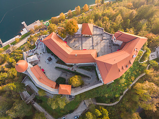 Image showing Top down view of medieval castle on Bled lake in Slovenia in autumn.